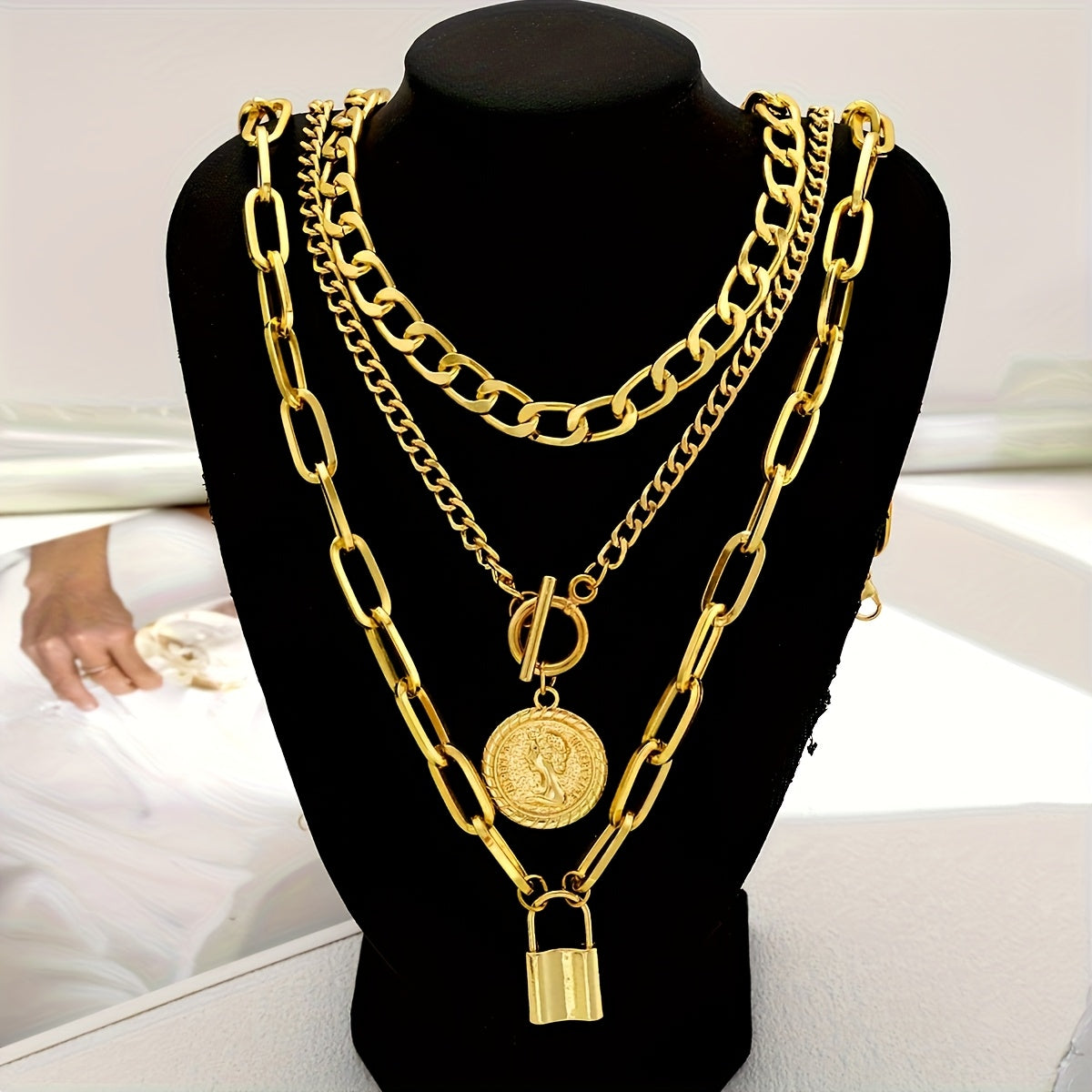 Luxury Golden Multilayer Cuban Chain Necklace with OT Clasp and Portrait Pendant - Women’s Punk Style Layered Jewelry for Casual Attire, Mother’s Day Gift, Pendant Necklace